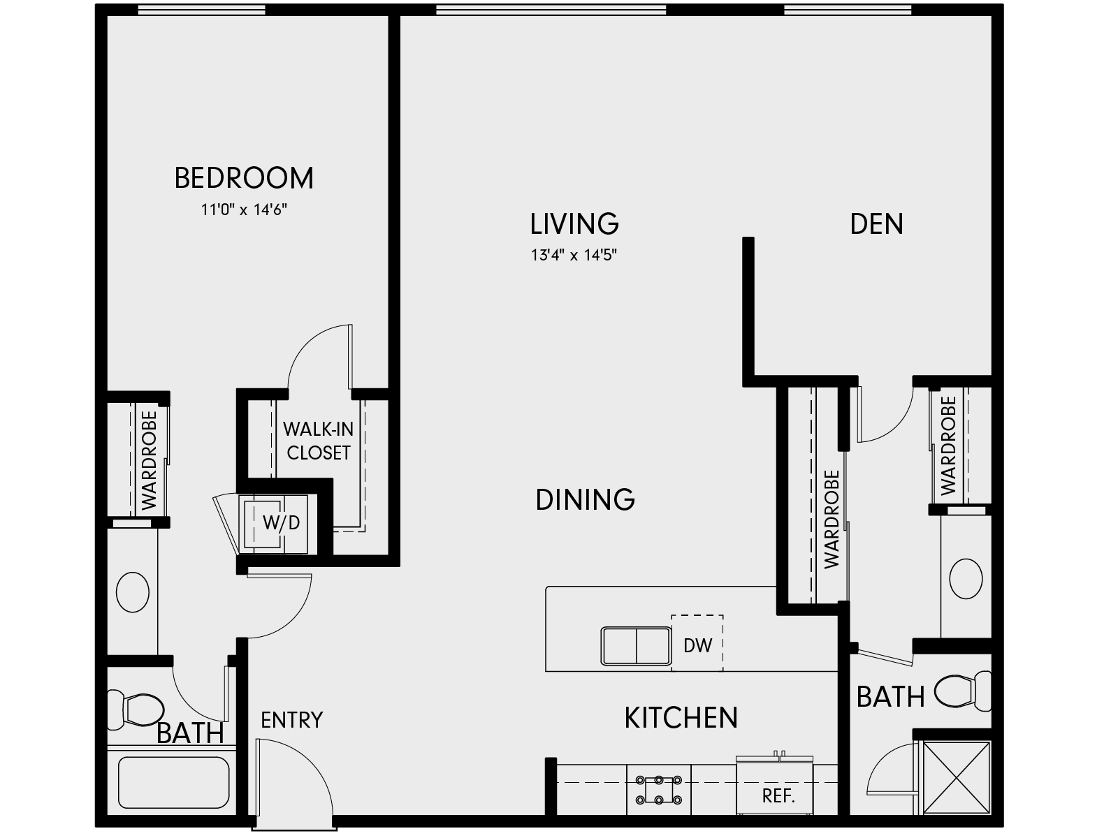 Floor plan for 1 bed, 2 baths, 1120 sqft